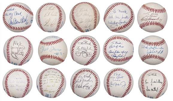 Lot of (15) Signed & Inscribed "To Nick" Baseballs Including Ford, Ryan, Ripken, & Mattingly (JSA)